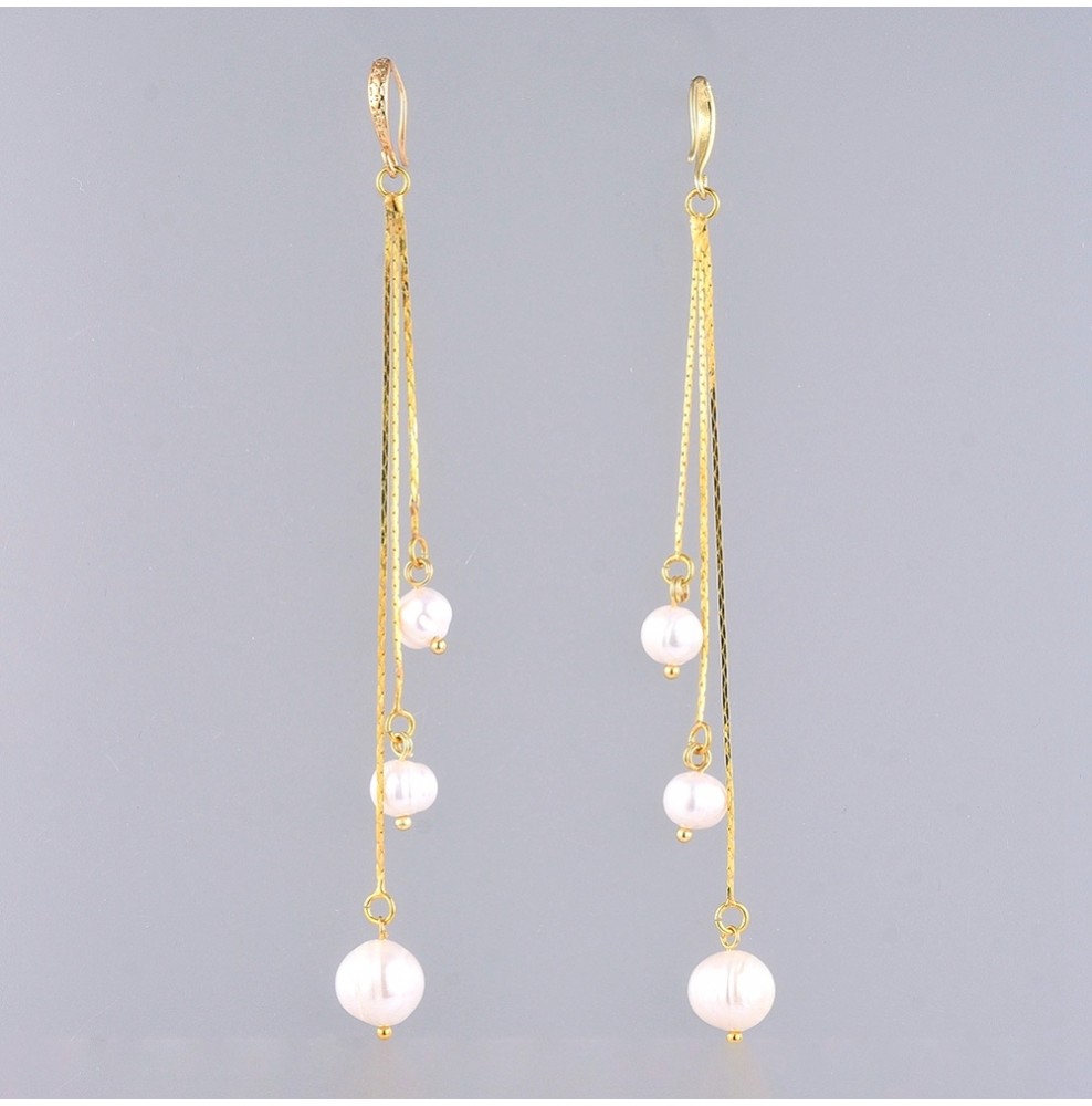 PERLINA - Boucle d'oreille pendantes en acier inoxydable et perles blanches